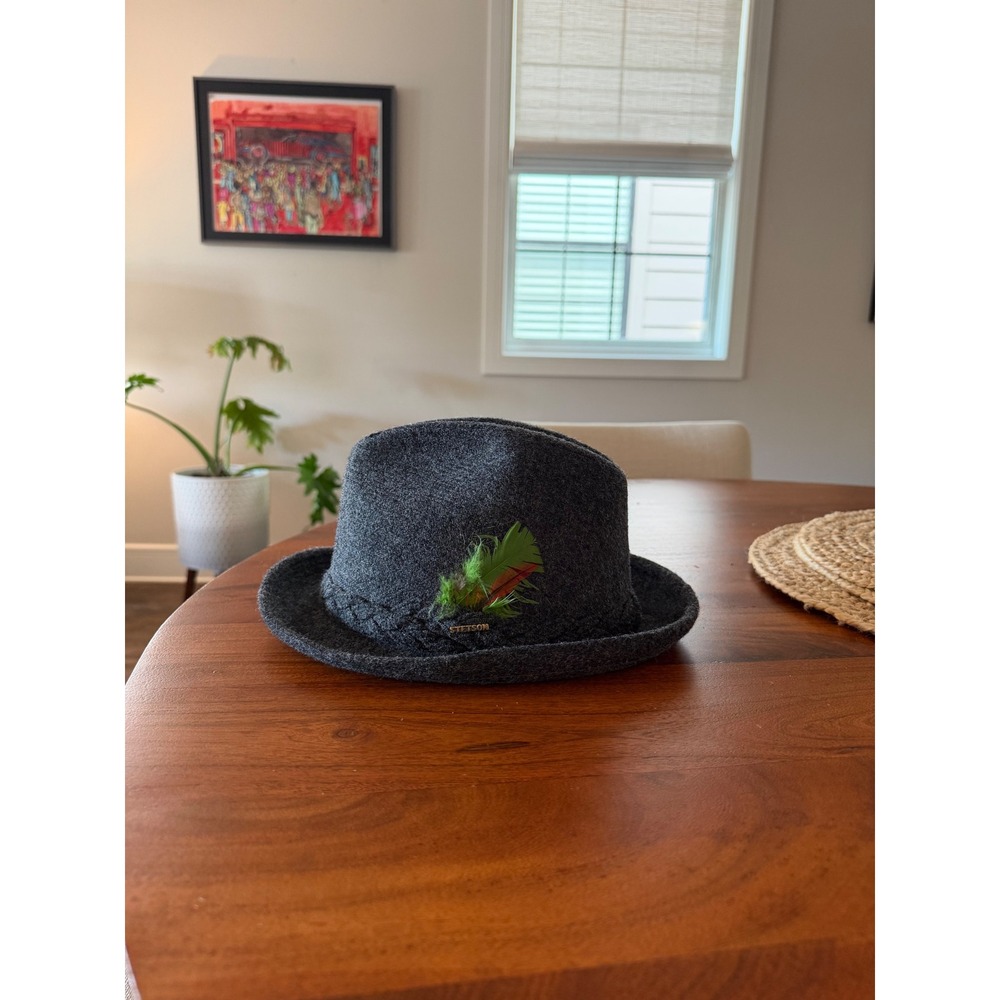 Stetson Men's 7 1/8 Charcoal Gray 100% Wool Felt Fedora Hat Feather